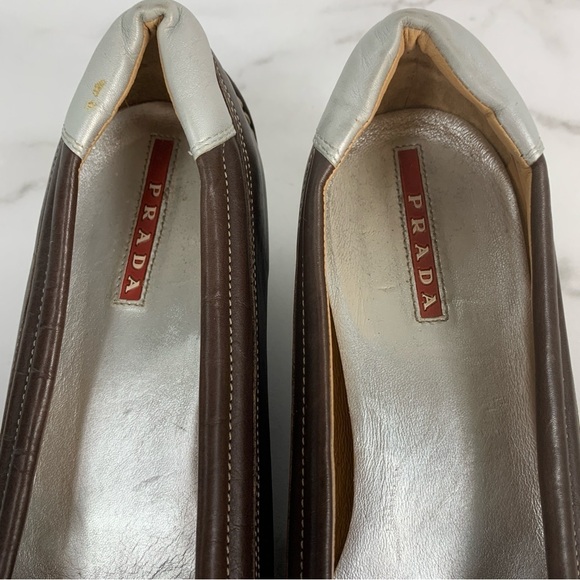 PRADA Brown Leather Retro Y2K Designer Loafer Kitten Heels Pumps 38.5 - Picture 13 of 16